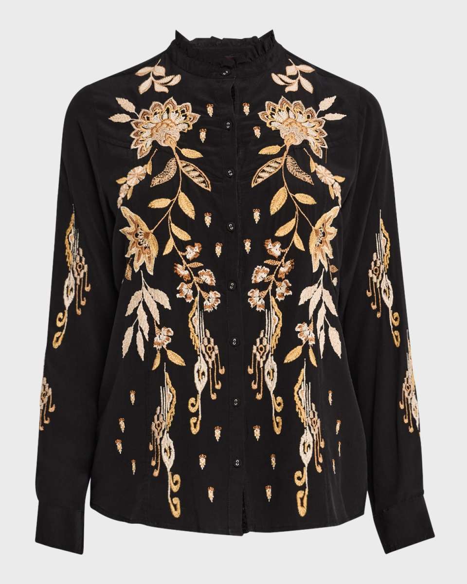 Chiarra Floral-Embroidered Silk Shirt
